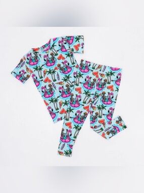 Bums & Roses, “Bone Chillin’”, Sz 2T, Tropical skeleton PJ’s, Bright Aqua & Pink